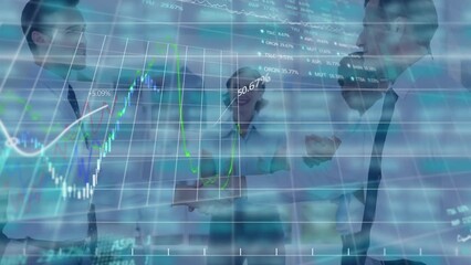 Poster - Animation of financial graph and data over diverse businessmen shaking hands