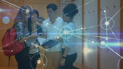 Poster - Animation of network of connections with icons over diverse students talking in school