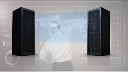 Poster - Animation of data processing over businessmen in server room