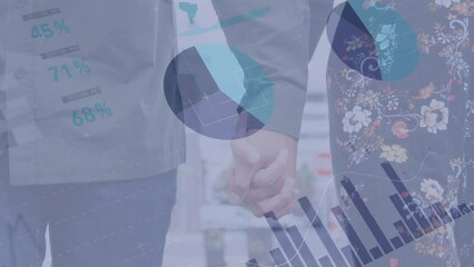 Poster - Animation of financial data processing over happy diverse couple