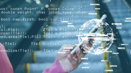 Poster - Animation of globe and data processing over caucasian women using smartphone