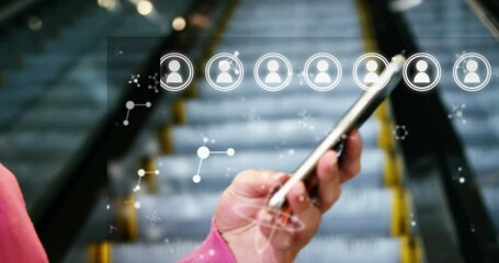 Poster - Animation of media icons and shapes over biracial businesswoman using smartphone