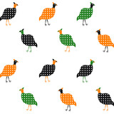 Fototapeta  - A simple pattern on a white background of stylised orange, green and black guinea fowls turned in different directions