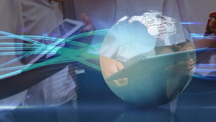 Poster - Animation of network of connections and globe over diverse schoolchildren using tablets