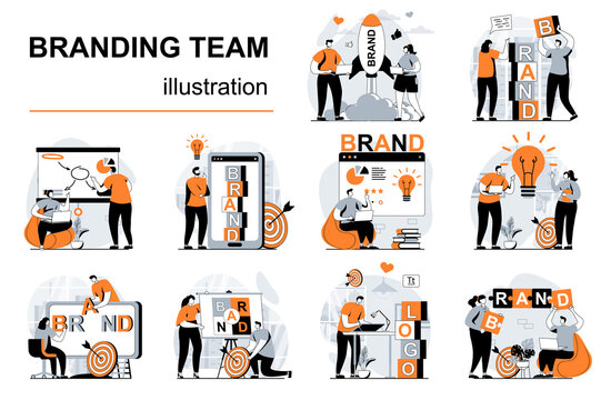 Branding team concept with people scenes set in flat design. Women and men launch business brand, create logo and identity, company personality. Vector illustration visual stories collection for web