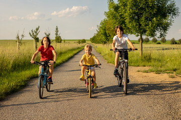 Canvas Print - Cute happy children, brothers, riding bikes in the park on a sunny summer day