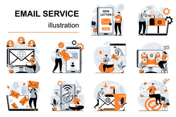 Poster - Email service concept with people scenes set in flat design. Women and men writing letter, chatting and sending messages. Online correspondence. Vector illustration visual stories collection for web