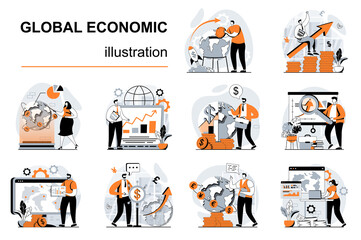 Wall Mural - Global economic concept with people scenes set in flat design. Women and men researching market trends and developing international business. Vector illustration visual stories collection for web