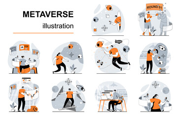 Aufkleber - Metaverse concept with people scenes set in flat design. Women and men in VR glasses interacting with augmented reality for games, learning, work. Vector illustration visual stories collection for web
