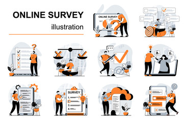 Poster - Online survey concept with people scenes set in flat design. Women and men filling questionnaire or checklist, making online test for examination. Vector illustration visual stories collection for web
