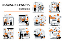 Social Network Concept With People Scenes Set In Flat Design. Women And Men Chatting In Messenger, Communicates Online, Posting Photos And News. Vector Illustration Visual Stories Collection For Web