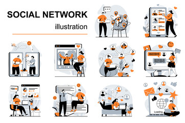 Wall Mural - Social network concept with people scenes set in flat design. Women and men chatting in messenger, communicates online, posting photos and news. Vector illustration visual stories collection for web