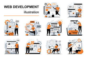 Fototapete - Web development concept with people scenes set in flat design. Women and men create wireframe of site, programming, coding, making user interface. Vector illustration visual stories collection for web