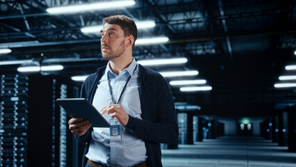Poster - Successful Data Center IT Specialist Using Tablet Computer. Server Farm Cloud Computing Facility with System Administrator Working. Data Protection Engineering Network for Cyber Security.