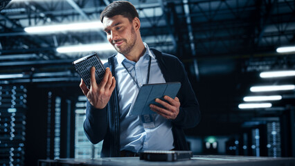 Poster - Successful Data Center IT Specialist Using Tablet Computer. Server Farm Cloud Computing Facility with System Administrator Working. Data Protection Engineering Network for Cyber Security.
