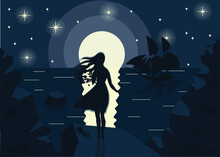 Girl By The Ocean At Night. Vector Illustration.