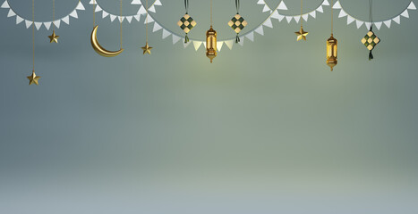 Eid al Adha celebration banner design, 3D illustration with an Arabian traditional lantern.