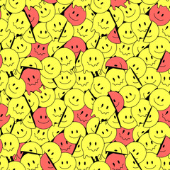 Funny smile crazy melted face seamless pattern art. Vector illustration psychedelic retrro graphic. Positive good vibes smiley faces, acid, high, melt, trip, wallpaper seamless pattern. Y2K aesthetic