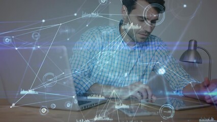 Poster - Network of connections and data processing against caucasian man using laptop and digital tablet