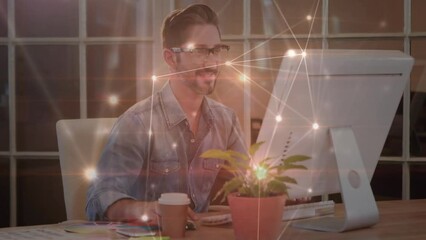 Poster - Glowing network of connections against portrait of caucasian man using computer at office