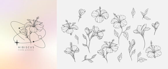 Wall Mural - Set of luxury flowers and logo. Trendy botanical elements. Hand drawn line leaves branches and blooming. Wedding elegant wildflowers for invitation save the date card. Vector