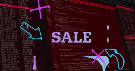 Poster - Animation of sale over shapes and data processing on red background