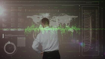 Poster - Animation of graphs, data and back view of caucasian businessman using touchscreen