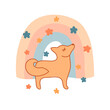 vector red fox cub, decorative flowers rainbow , simple cute illustration card for child