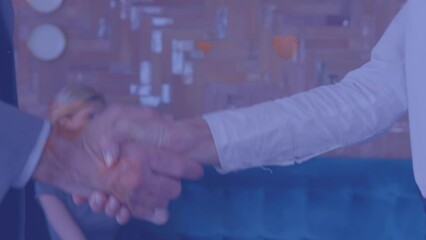 Poster - Animation of caucasian businesspeople hands shaking over office