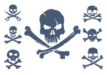 Blue Collection Of 7 Vector Skulls You Can Use These Pirate Skulls To Print On T-shirts, Clothes, Pirate Flags, Mugs, Pillows, Snowboards And Other Items And Things.