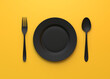 Empty plate, fork and knife isolated on yellow background. Minimal creative concept. Top view. 3D Illustration 3D Rendering