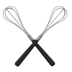 Set of whisk with plastic handle isolated on white background. Home kitchen tools and accessories for cooking, blending and mixing. 3d rendering 3d illustration