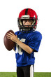 © master1305 - Athletic kid, beginner american football player in sports uniform and helmet training isolated on white background. Concept of sport, challenges, motion, achievements.