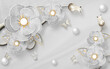 3d wallpaper silver jewelry flowers and silver balls with butterflies on silver background