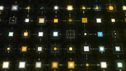 Poster - Abstract electrical signals in electronic circuit. Animation. Circuit board and CPU with connections and impulses, technology and digital concept.