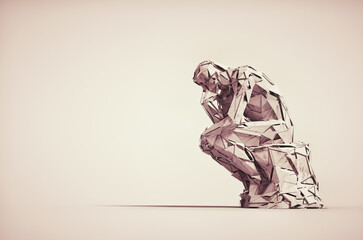 Thoughtful man from wooden polygons sitting down.