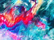 Close-up Fragment Of Acrylic Texture With Marble Pattern. Liquid Paint With Glitter And Sequins Background. Colourful Mix Of Vibrant Colours. Abstract Art Wallpaper Inspired By Universe.