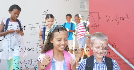 Wall Mural - Animation of math formulas over diverse pupils walking on school corridor