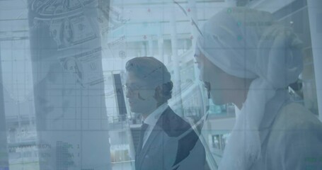 Poster - Animation of financial graphs over diverse businesspeople walking in office