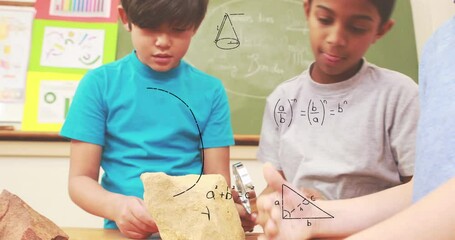 Poster - animation of math formulas over diverse pupils with magnifier at school