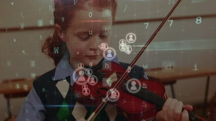 Poster - Animation of icons, warning, firewall over caucasian girl playing violin at school