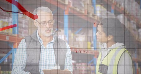 Poster - Animation of financial graphs over diverse female and male warehouse workers talking