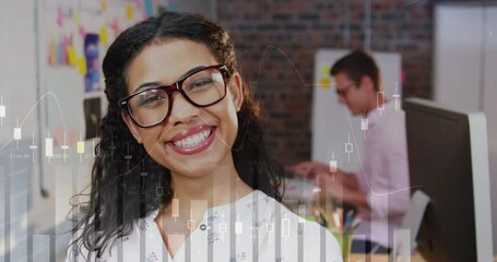 Poster - animation of financial graphs over happy biracial businesswoman in office