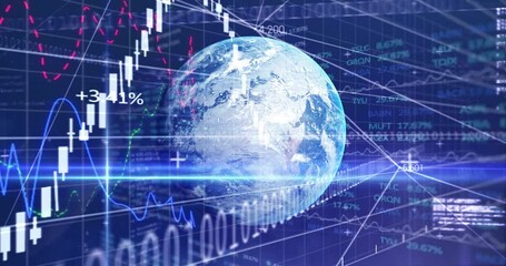 Poster - Animation of financial graph and globe on navy background