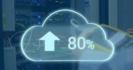 Poster - Animation of clouds icon over caucasian female worker inspecting server room
