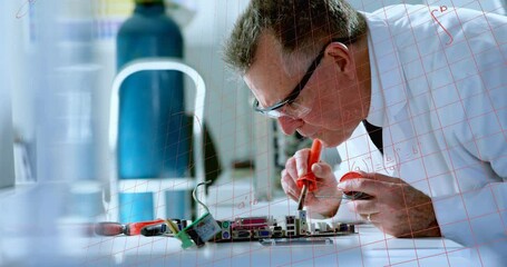 Poster - Animation of mathematical equations over caucasian male scientist in lab