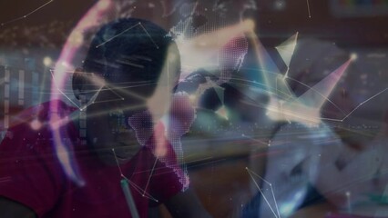 Poster - Animation of network of connections over smiling african american schoolboy and globe
