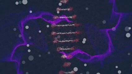 Sticker - White dots floating and dna structure spinning over purple digital wave against blue background