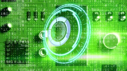 Poster - Animation of processing circle over binary code and green motherboard