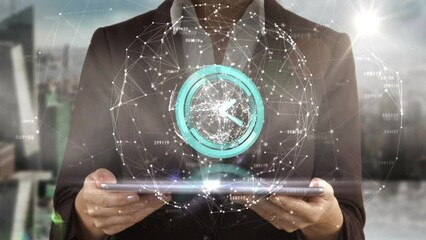 Poster - Animation of clock and connections over midsection of caucasian businesswoman with tablet